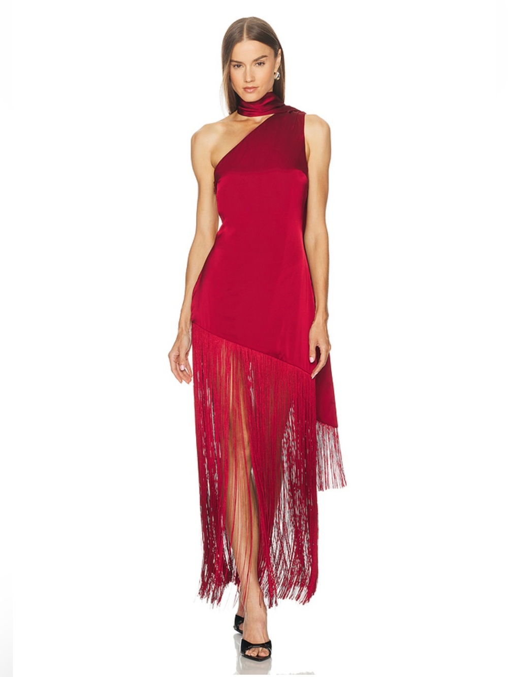 Michael Costello Cassis Dress Dark Red Fringe hem gown maxi Revolve NWT XS